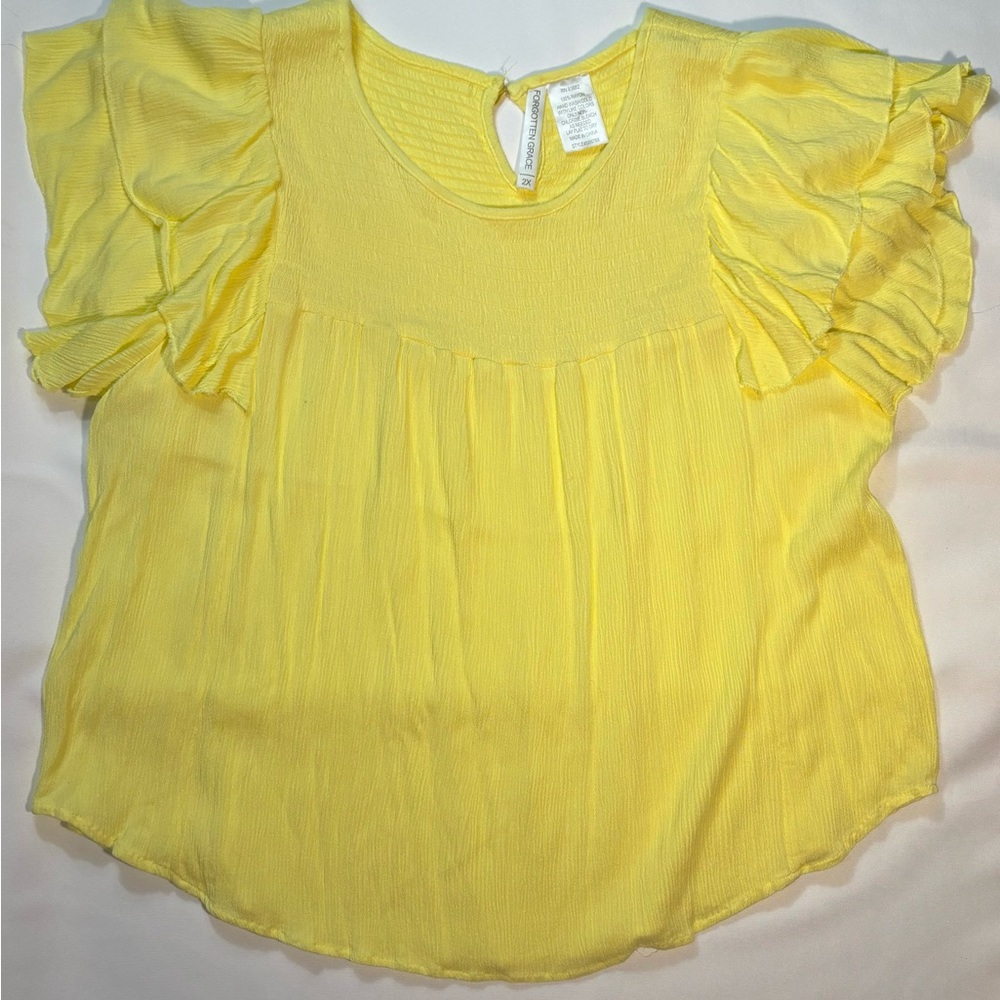 Forgotten Grace Women's 2X Yellow Smocked Stretchy Top w/ Short Ruffled Sleeves - Picture 6 of 6
